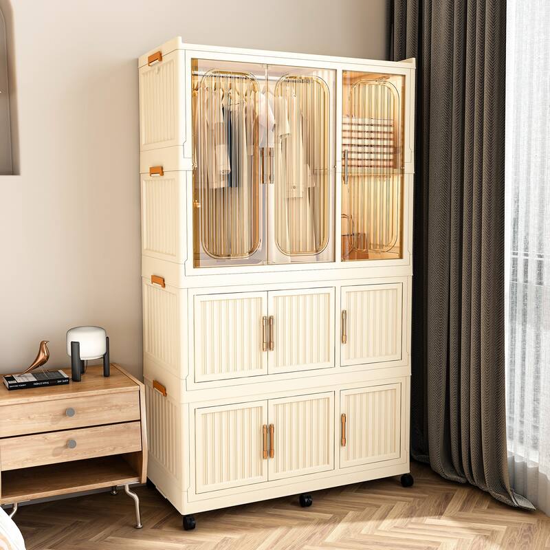Cream White ABS Portable Wardrobe with Hanging Rods, Cubes and Magnet Doors - 36.22 x 17.72 x 62.2 in (L x W x H)