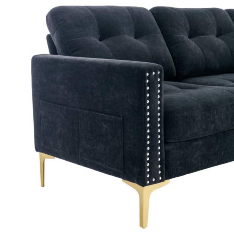 U-Shape Convertible Sectional Sofa with Movable Ottoman and Gold Metal Legs