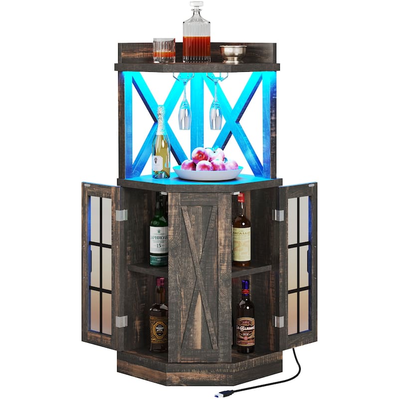Moasis Industrial Corner Bar Cabinet with LED Lights and Glass Holder
