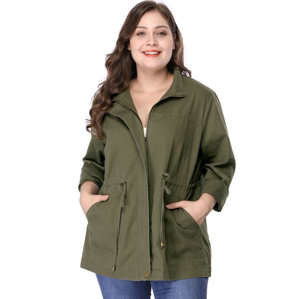 Women's Plus Size Stand Collar Drawstring Utility Jacket - Green