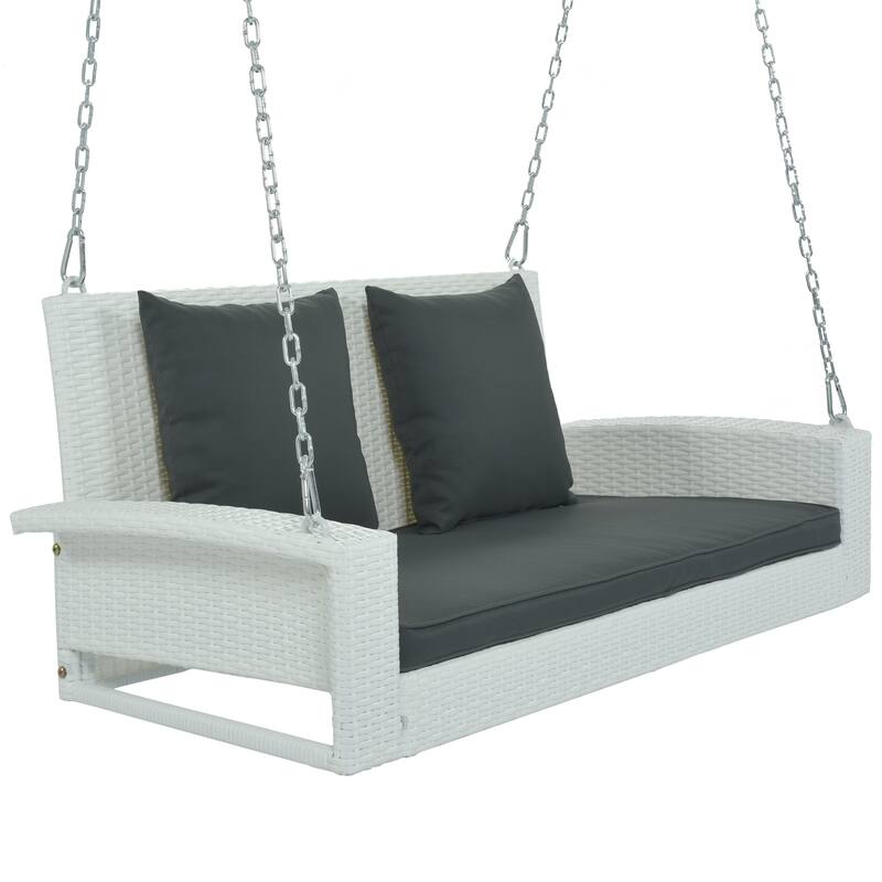 2-Person Wicker Hanging Porch Swing with Chains, Cushion & Pillow