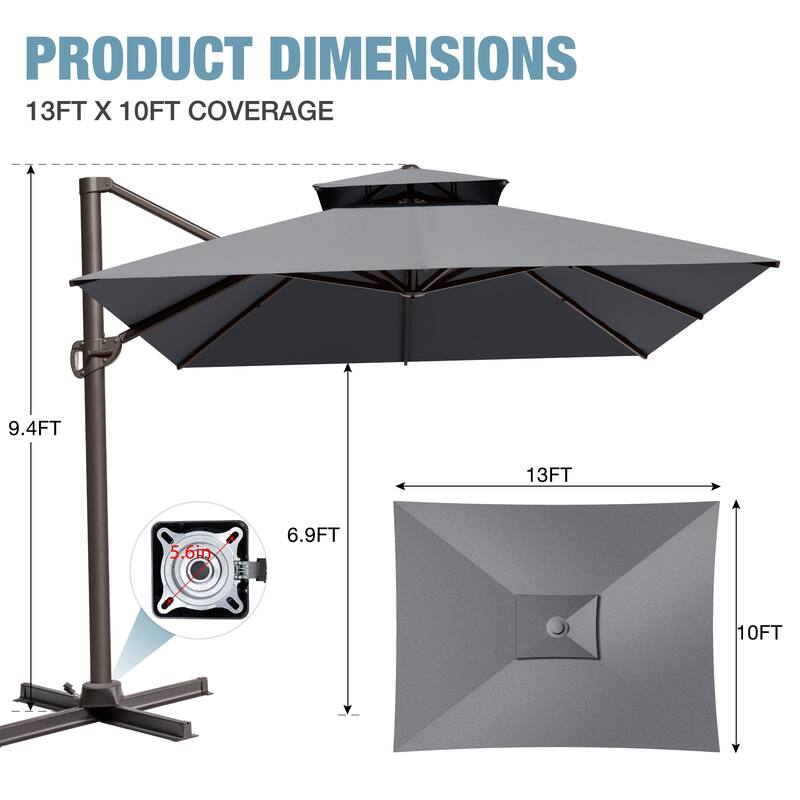 VredHom 10x13FT Outdoor Patio Offset Umbrella 360 Degree Rotation without Base