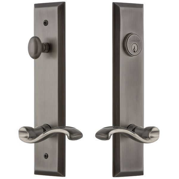 Grandeur FAVPRT_TP_ESET_238_LH Fifth Avenue Solid Brass Tall Plate Single Cylinder Keyed Entry Set with Portofino Lever and