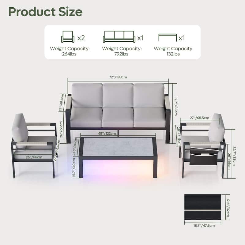 4-Piece 5 Seat Aluminum Patio Conversation Set with Cushions LED Coffee Table and Sofa