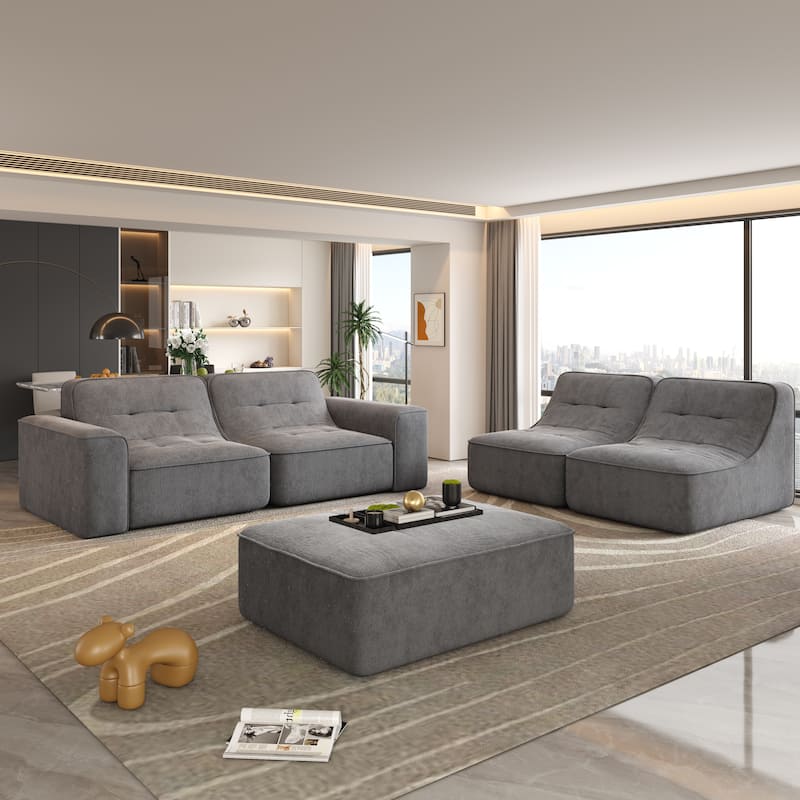 GDFStudio - Modern 143.7" Tufted Chenille Upholstered Modular Sectional Sofa Set with Removable Ottoman & Ergonomic Design