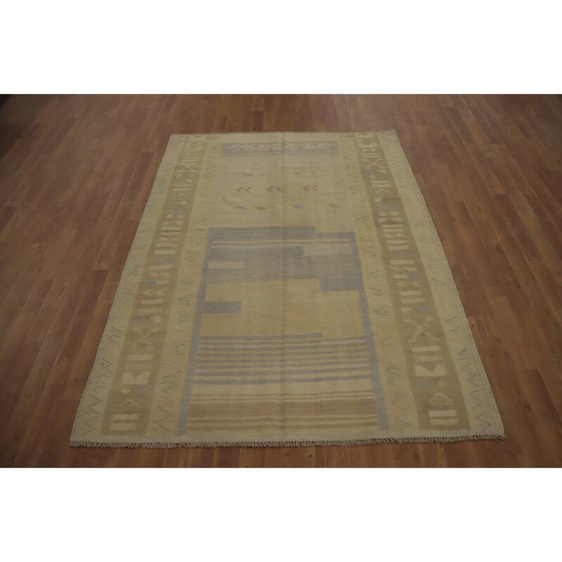 Hand Woven Oriental 100% Wool Carpet Southwestern Tribal Beige & Ivories Kilim Area Rug - 6' 6'' X 4' 9''