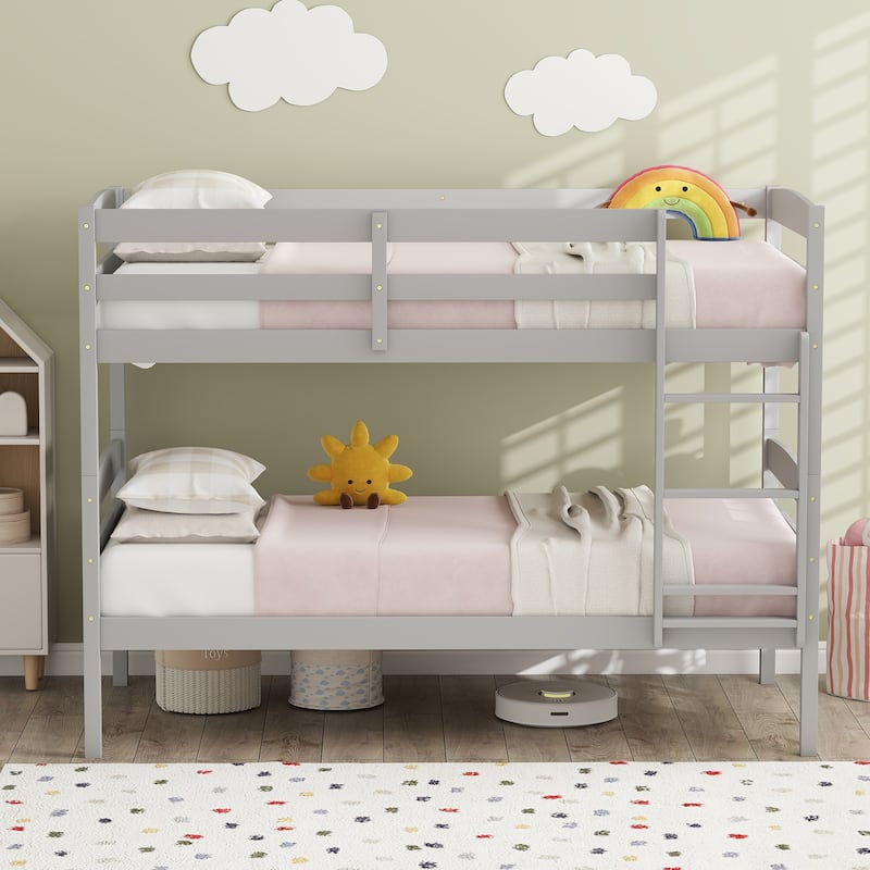 Solid Wood Twin Over Twin Bunk Bed with Guardrails and Ladder