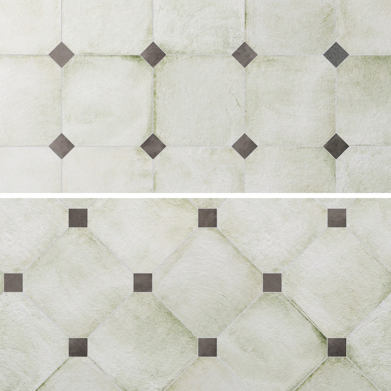 Merola Tile Laverton Octagon Nieve with Taco Grafito 7-7/8" x 7-7/8" Porcelain Floor and Wall Tile
