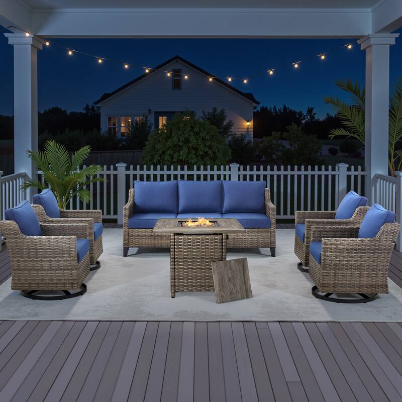 Pocassy 6-Piece Fire Pit Table w/ Sofa Swivel Chair - Blue Cushion Gray Wicker - 6-Piece Fire Pit Table w/ Sofa Swivel Chair