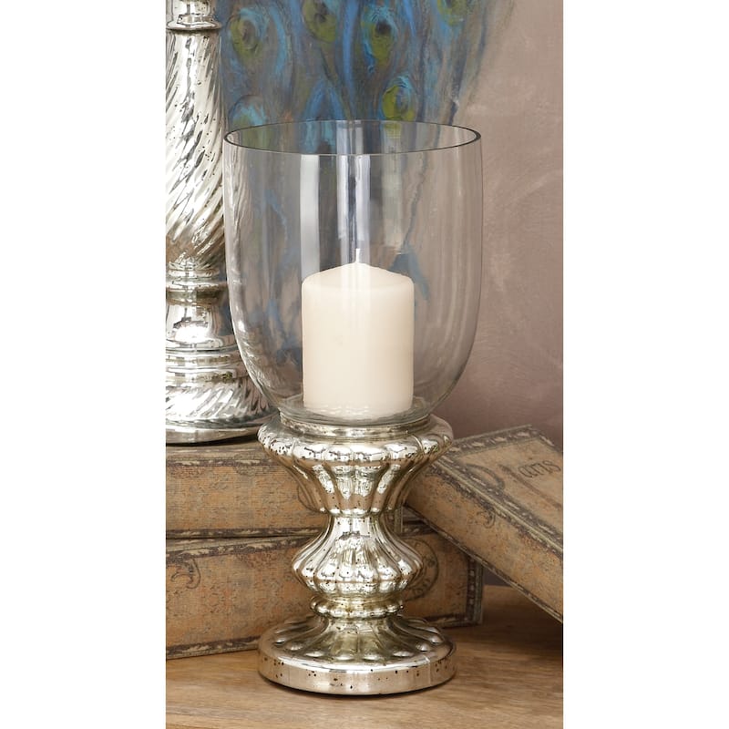 Glass Handmade Turned Style Pillar Hurricane Lamp with Faux Mercury Glass Finish - Silver - Roche River Decor - 7"W x 7"L x 14"H