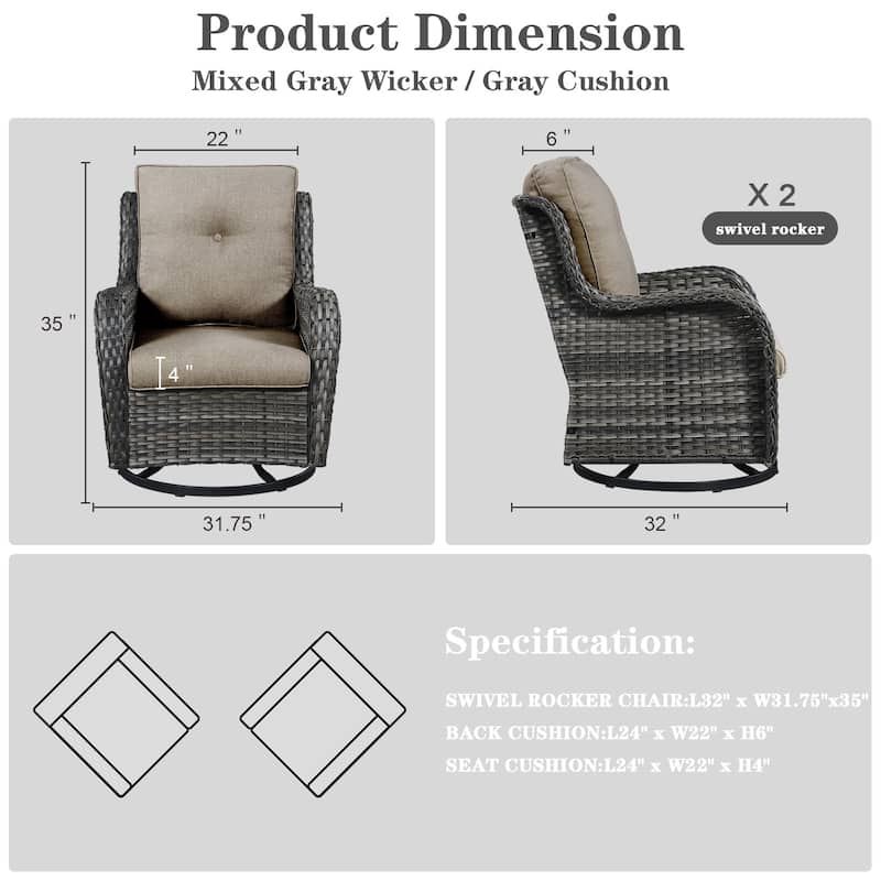 Pocassy 3-Piece Outdoor Swivel Bistro Set, Wicker Rocking Chairs