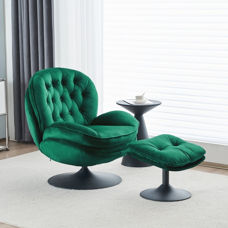 Velvet Swivel Accent Chair with Ottoman Round Reading Accent Chair Foot Stool Ottoman Set,360 Swivel,Metal Frame - DeepGreen