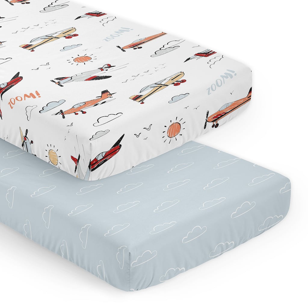 Sweet Jojo Designs Vintage Airplane Boy 2 Pack Fitted Crib Sheets Blue Cloud Airplanes Air Plane Transportation Aviator Aviation