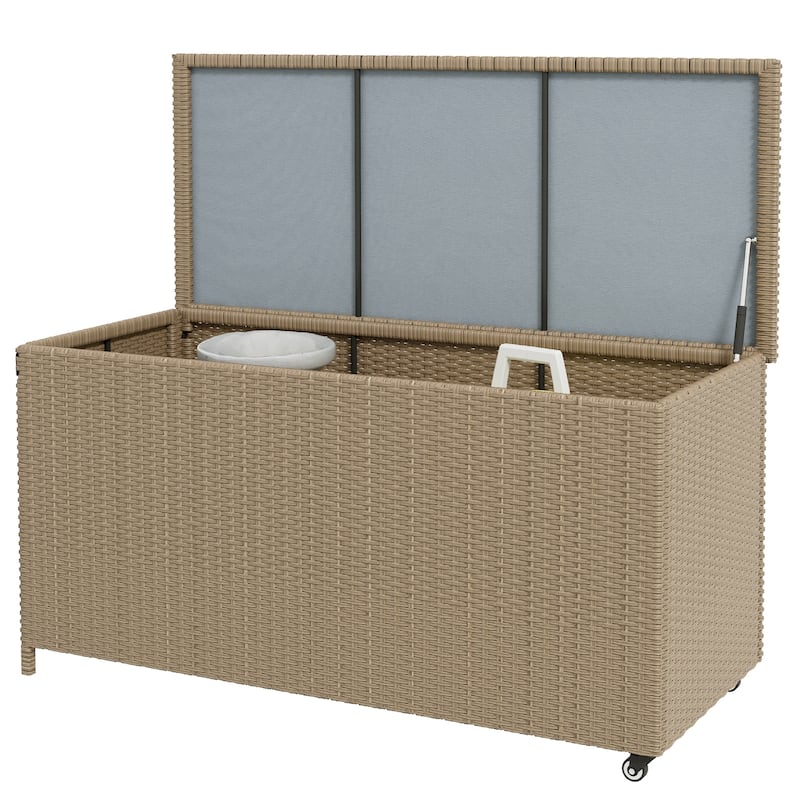 83 Gallon Deck Box Large Outdoor Storage Chest Rattan Deck Box with Wheels and Pneumatic Lift for Garden Tools Pool Toys