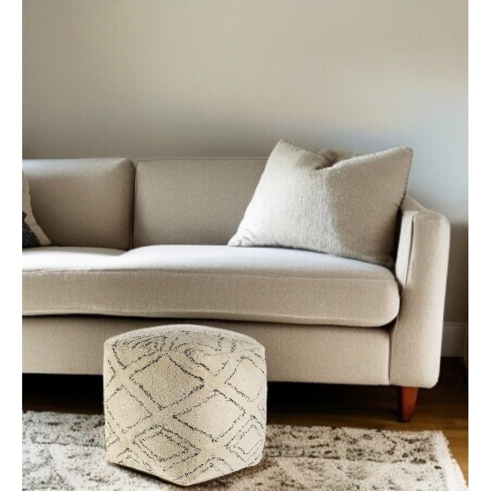 HomeRoots 18" Beige Cotton Geometric Pouf Ottoman