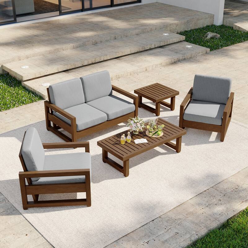 5-Piece Outdoor Solid Teak Wood Patio Conversation Set - Grey - BrownFrame