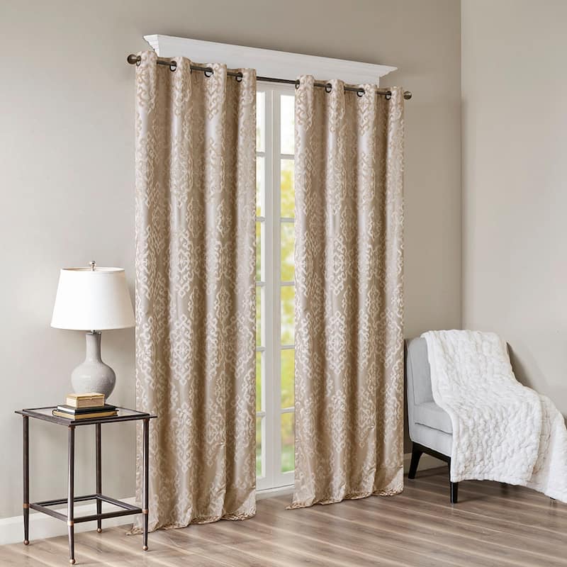 Knitted Jacquard Damask Total Blackout Grommet Top Curtain Panel Pair(2 Pcs Window Panels) - Champagne - 84 Inches