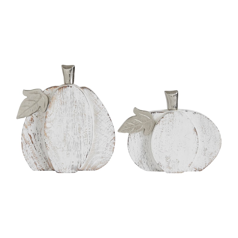 White Wash Farmhouse Wooden Pumpkin Set of 2 - 7 and 9 inch - N/A