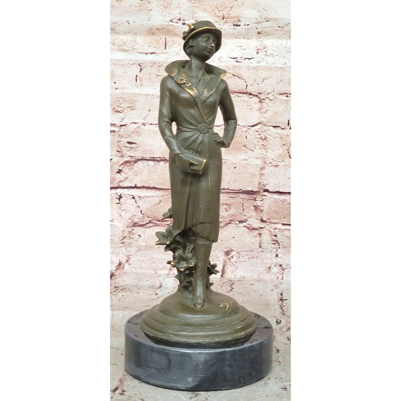 Elegant Art Deco Lady With Hat Bronze Sculpture On Marble Base