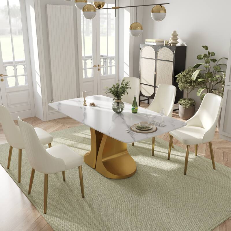 70-Inch Rectangle Marble Dining Table, Modern Sintered Stone Kitchen Dinner Table with Gold Finish Metal Base for 6-8 - White