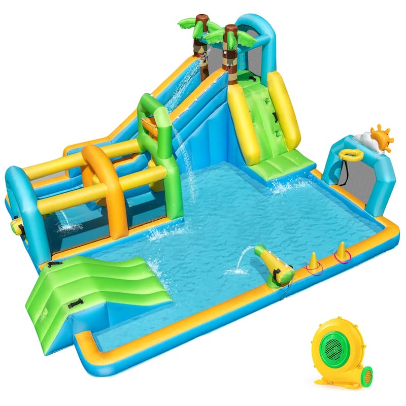 Costway Inflatable Water Park with Climbing Wall Basketball Rim Target - Multi-Colored