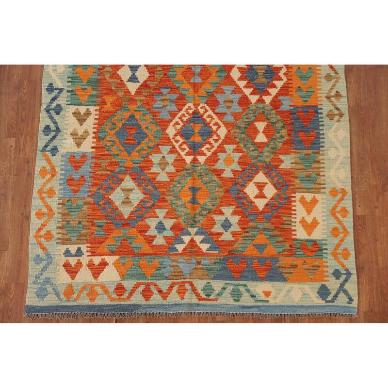 Hand Woven Oriental 100% Wool Carpet Southwestern Geometric Oranges & Rust Kilim Area Rug - 6' 4'' X 5' 0''