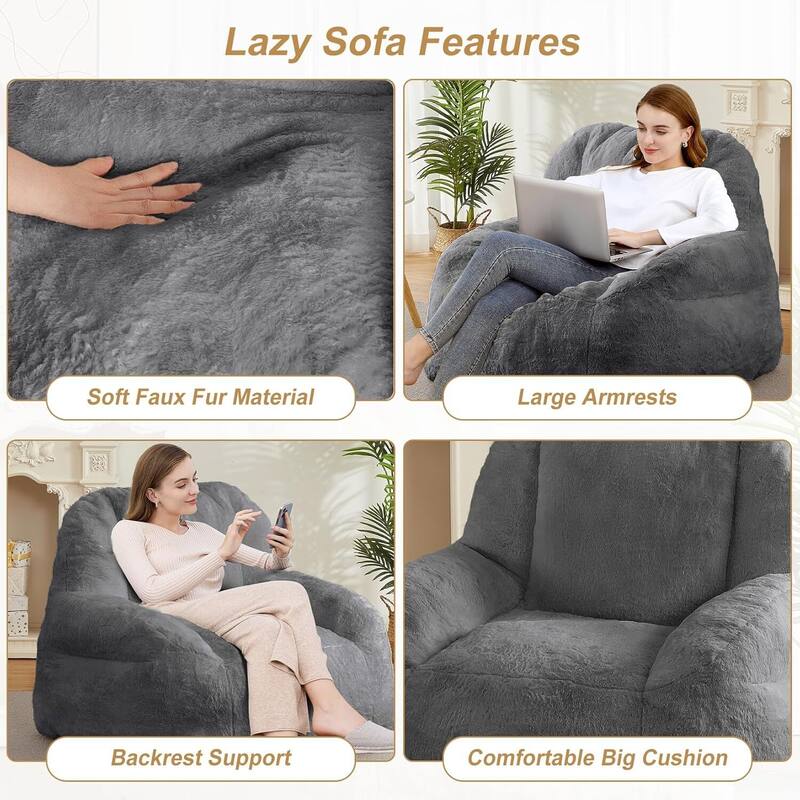 Faux Fur Stuffed Bean Bag Chair, Big Floor Lazy Sofa for Adults