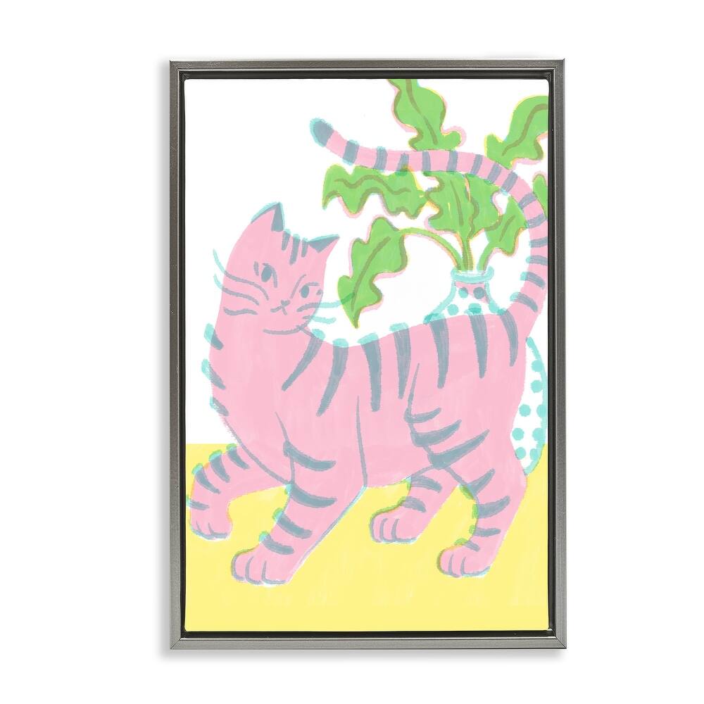 Stupell Pink Cat & House Plant Framed Floater Canvas Wall Art Design By Hannah Moren