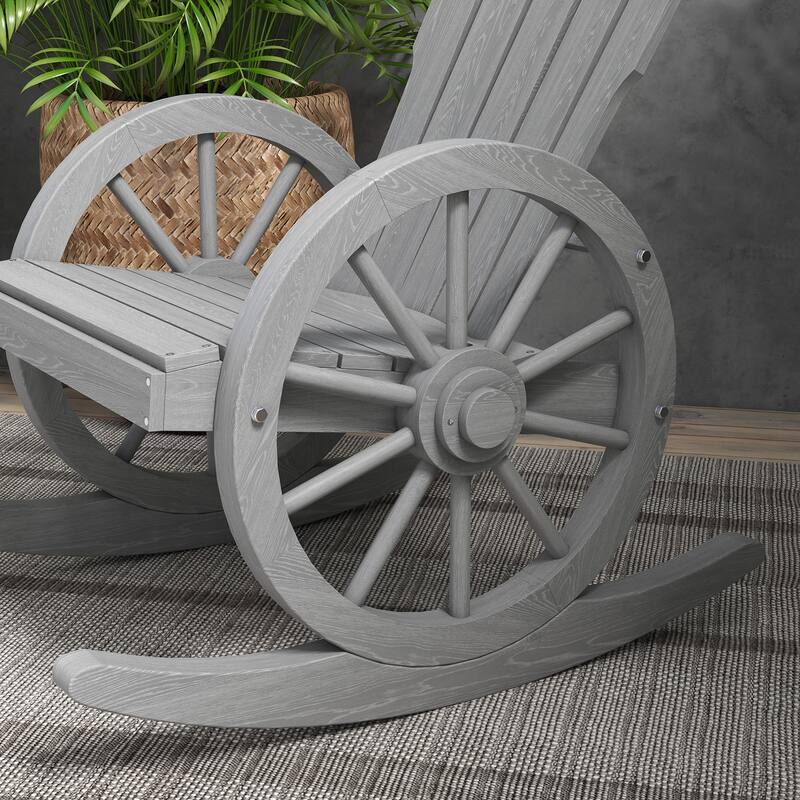 Outsunny Adirondack Rocking Chair with Slatted Design and Oversize Back for Porch, Poolside, or Garden Lounging, Teak