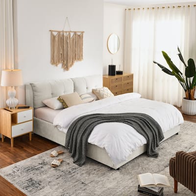 King Size Chenille Upholstered Bed with Hydraulic Lift-Up Storage & Integrated Headboard