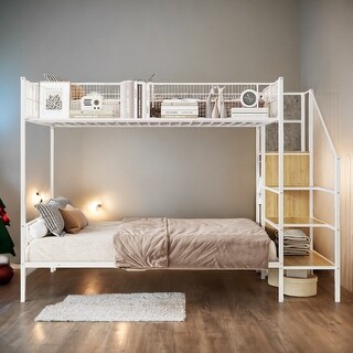 Versatile Design Twin over Full Metal Bunk Bed with Wire Shelving and Lateral Storage Ladder and Wardrobe-White