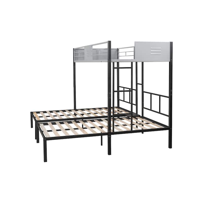 Black Twin Size Steel Triple Bunk Bed with Vent Board, Sturdy Metal Frame, Noise-Free Wood Slats, Separatable into three beds