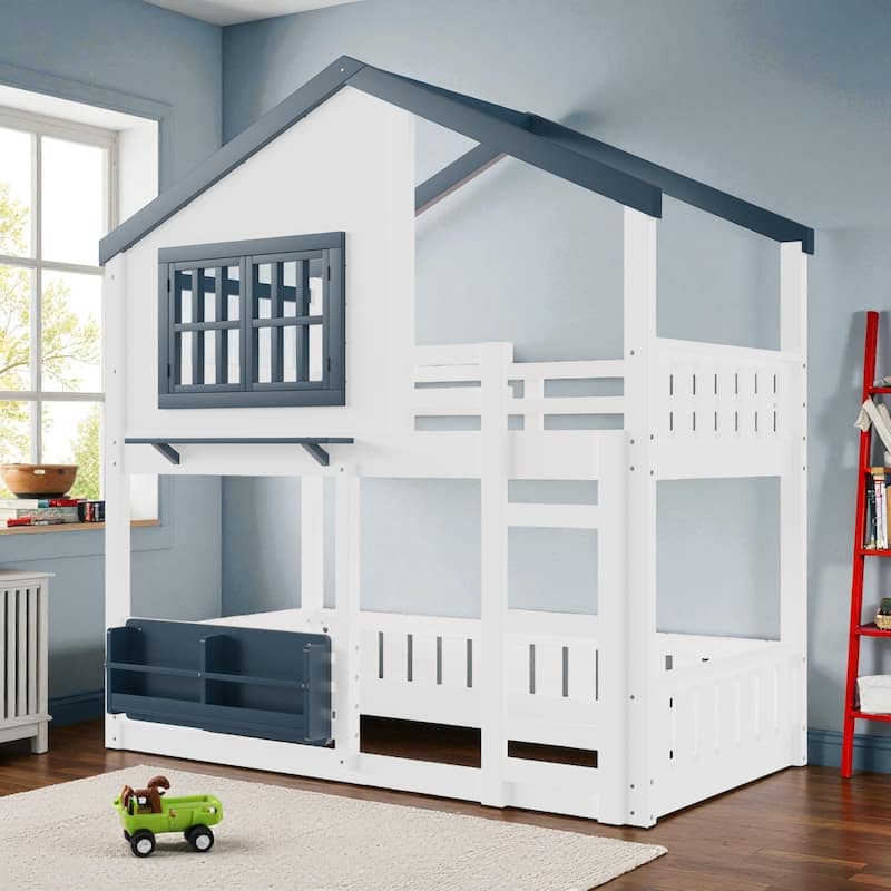 Twin/Full House Bunk Bed with Bookshelf, Safety Fence, Ladder and Loft Play Area, Wooden Kids Bed Frame - White - Twin