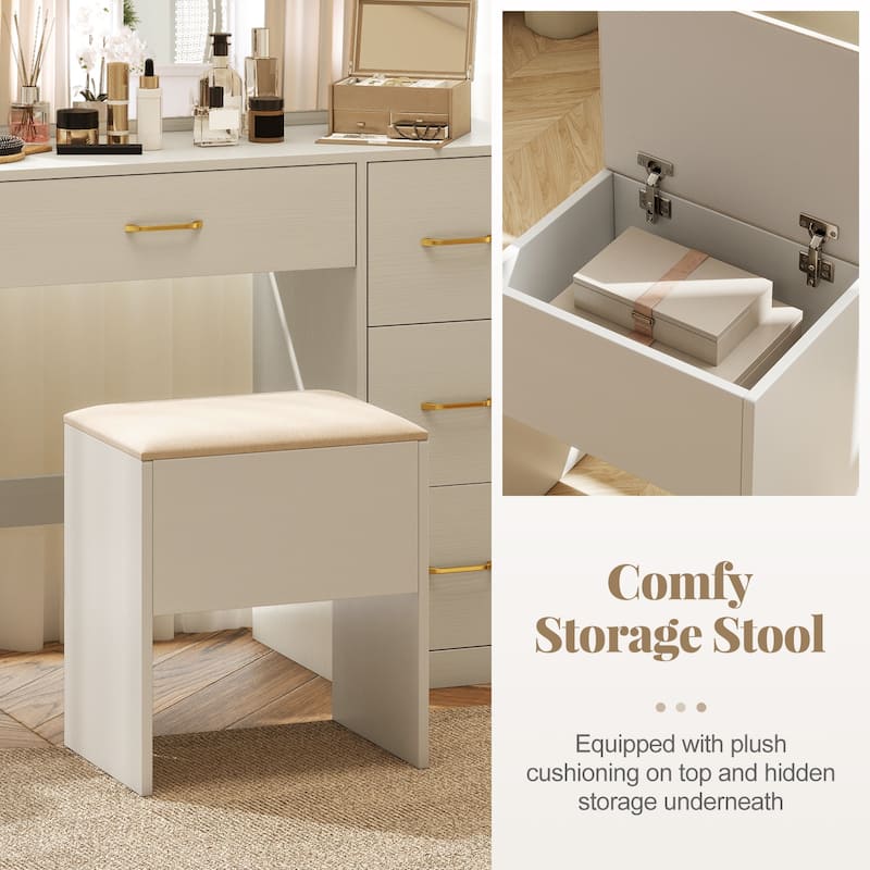 Gymax Vanity Desk with Mirror & Lights Dressing Table w/ Storage Stool