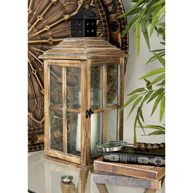 Brown or Light Brown Wood Lighthouse Style Decorative Indoor Outdoor Candle Lantern with Black Ring Handle - Brown