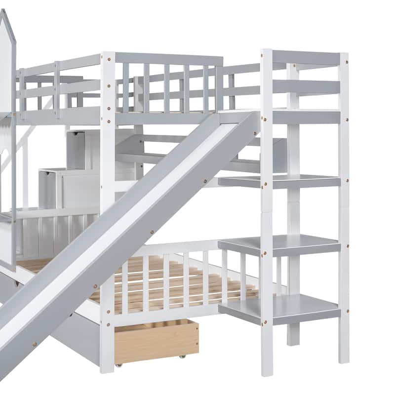 Bunk Bed with 2 Drawers 3 Shelves and Slide