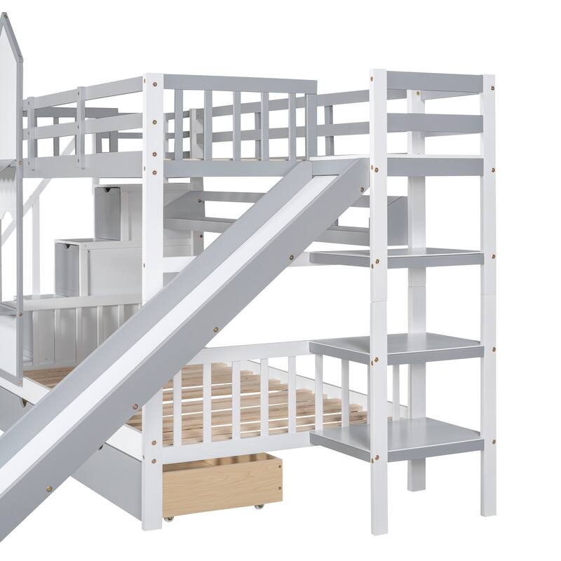 Twin-Over-Twin Castle Style Bunk Bed with Drawers,Shelves,Slide