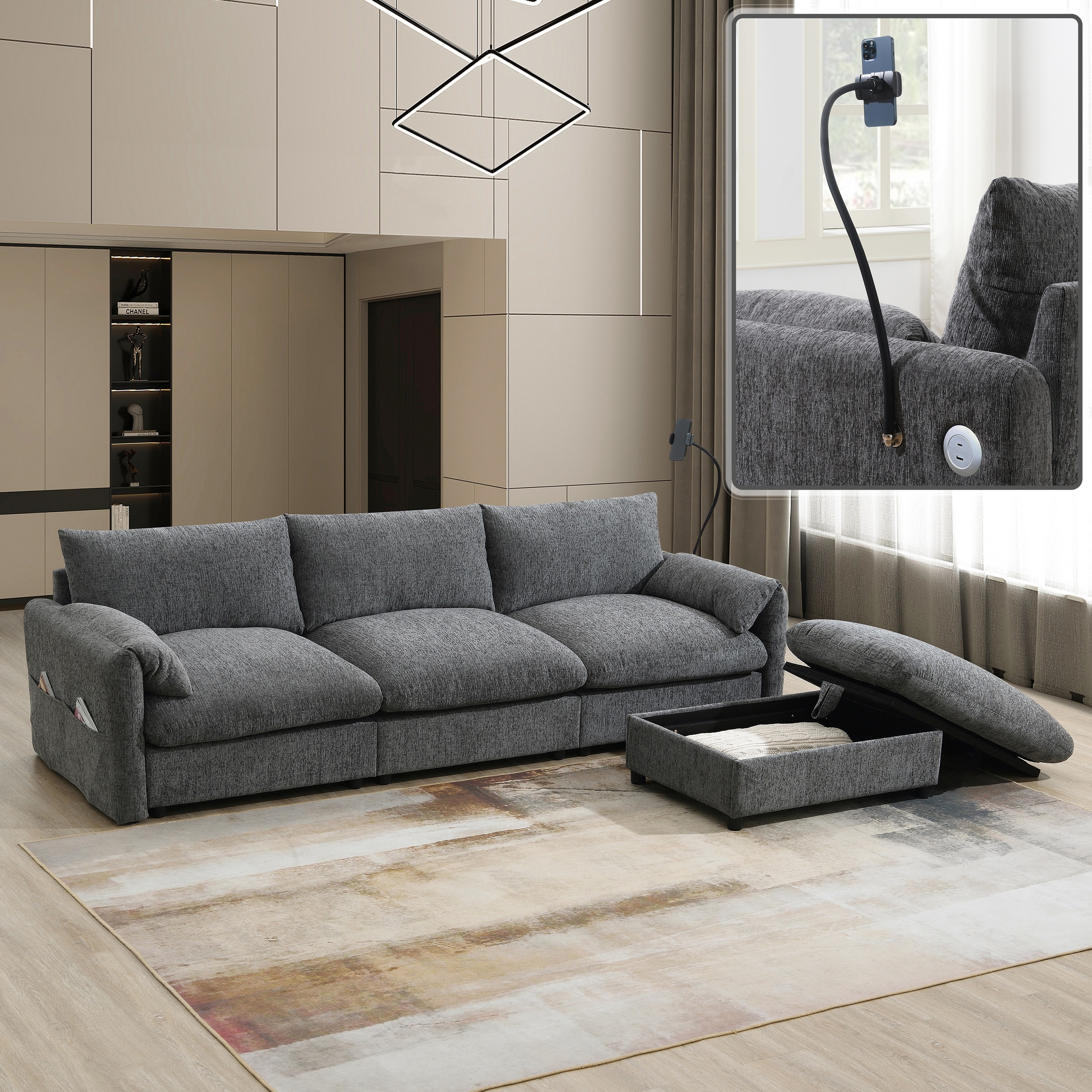 96.5" L-Shaped Sectional Sofa with Storage Ottoman and Pockets, Adjustable Phone Holder, USB Charger, Ear-Shaped Armrests