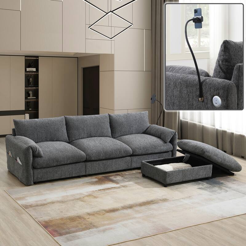 Roomfitters 96.5" L-Shaped Sectional Sofa with Storage Ottoman, Phone Holder, USB Charging, Deep Seat Chenille Couch - Gray