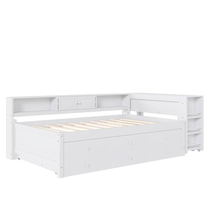 Full/Twin Daybed with Trundle & Storage Drawers - Wood Frame with Side Shelves and Desk