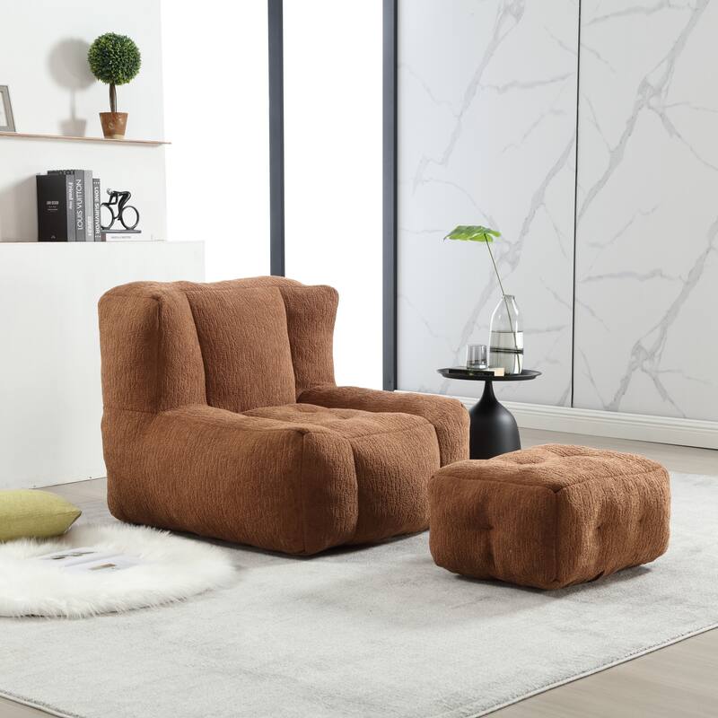 Fluffy Bean Bag Chair with Memory Foam and Ottoman, Super Soft Velvet Bean Bag for Adults & Kids, Comfortable Lazy Sofa