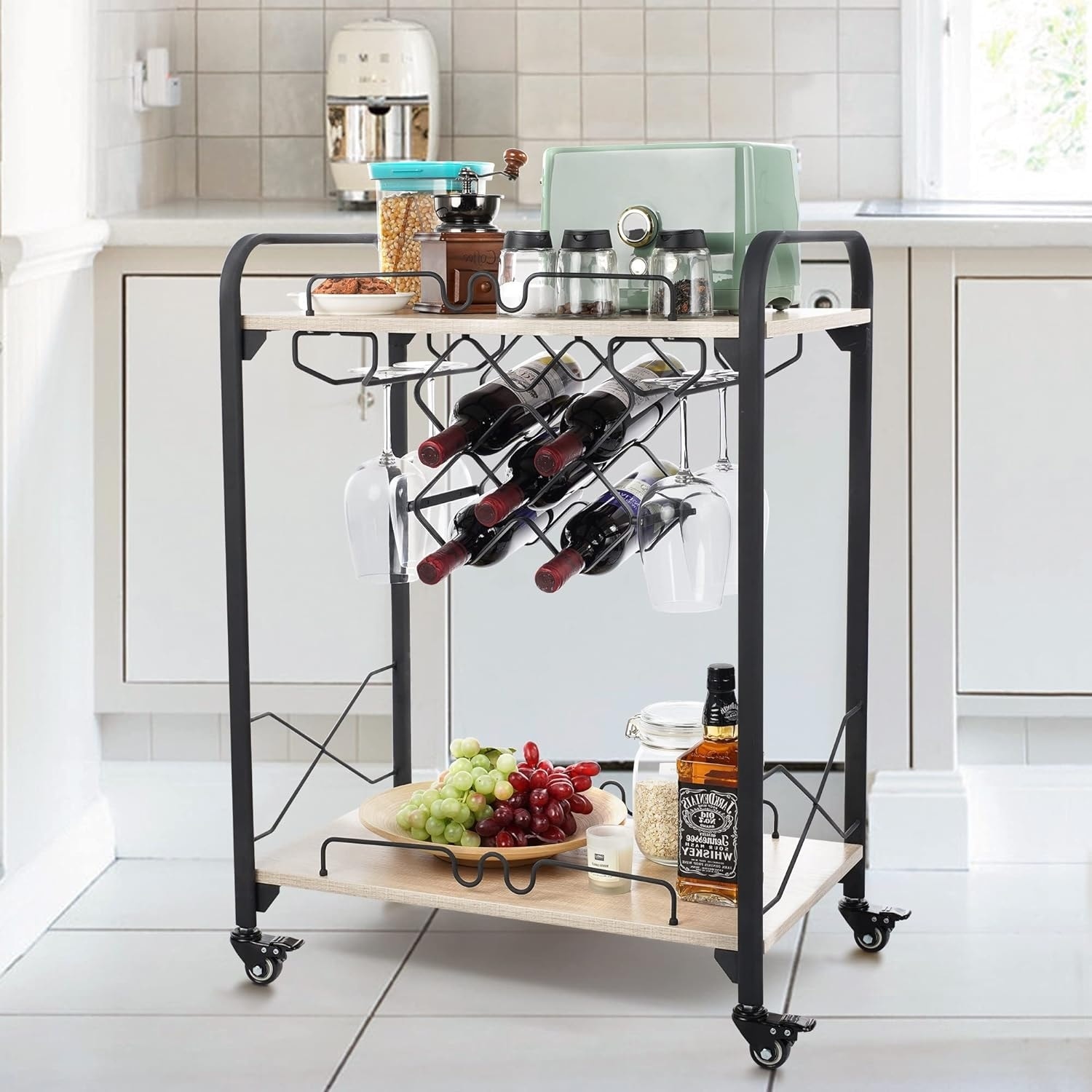 Bar Carts, 2-Tier Mobile Bar Serving Cart with Wine Racks and Glasses Holders, Wine Cart on Wheels