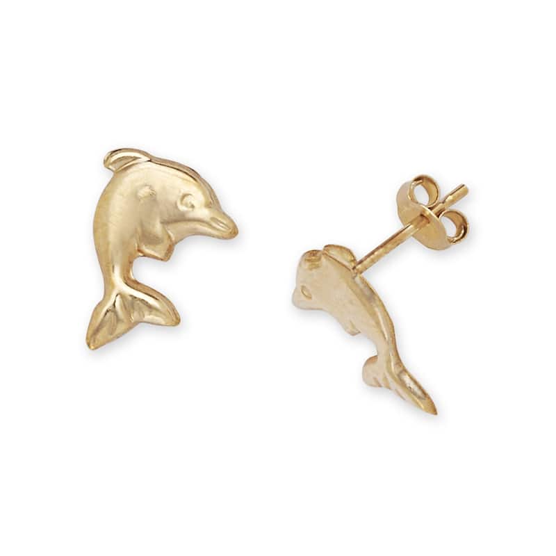 Curata Solid 14K Yellow Gold Animal Stud Earrings - Puppy Dolphin Turtle Owl Earrings for Girls - Dolphin