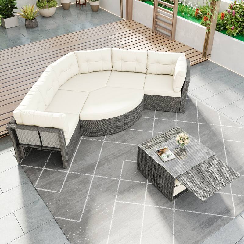 Roomfitters Outdoor Rattan Sectional Daybed Furniture Set with Cushions & Center Table for Patio
