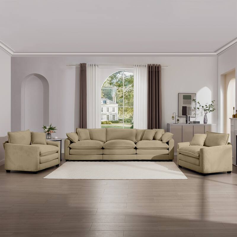 3-Piece Corduroy Flexible Combinations Sofa Set with 3-Seater Cushions Sofas and 2 Single Sofa Chairs for Livingroom - Tan