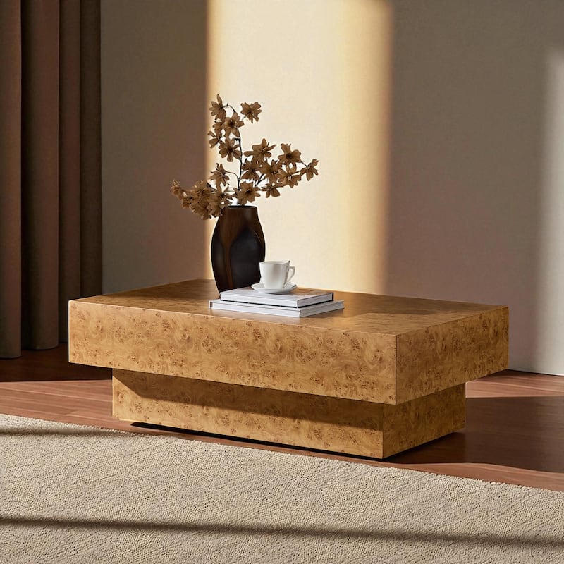 43.31" Faux Burl Wood Coffee Table, Rectangular Mid-Century Modern Accent Table with MDF Pedestal Base - Burly Wood