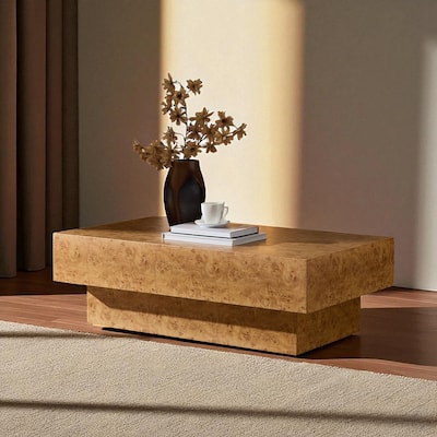 43.31" Faux Burl Wood Coffee Table, Rectangular Mid-Century Modern Accent Table with MDF Pedestal Base