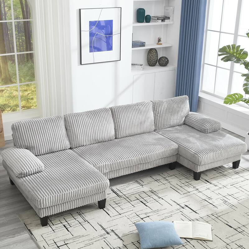 Symmetrical Corduroy Double Chaise Couch U-shaped Sectional Sofa - Light Grey