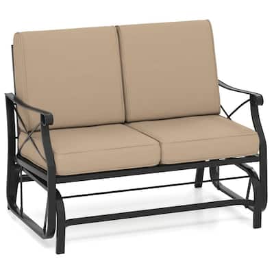Brown Cushion Black Metal Outdoor Glider Bench 2-Seater Patio Swing - 29" x 47" x 32"