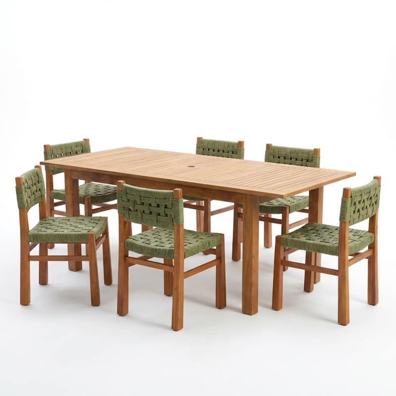 Christopher Knight Home - Penny 7-Piece Outdoor Acacia Wood Dining Set with Woven Wicker Chairs & 63" Expandable Slat Table